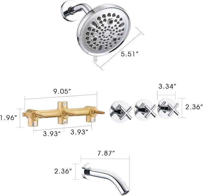PROOX 3 Handle Tub Shower Faucet Set, 9-Setting Rainfall Shower Head - Image 7