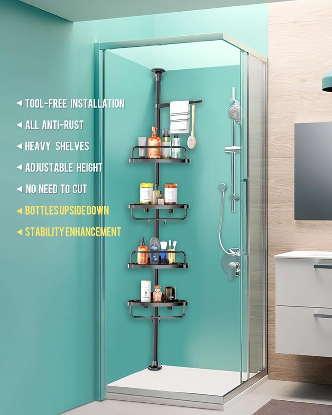 ADOVEL 4 Layer Corner Shower Caddy, Stainless Steel Constant Tension Pole - Image 2