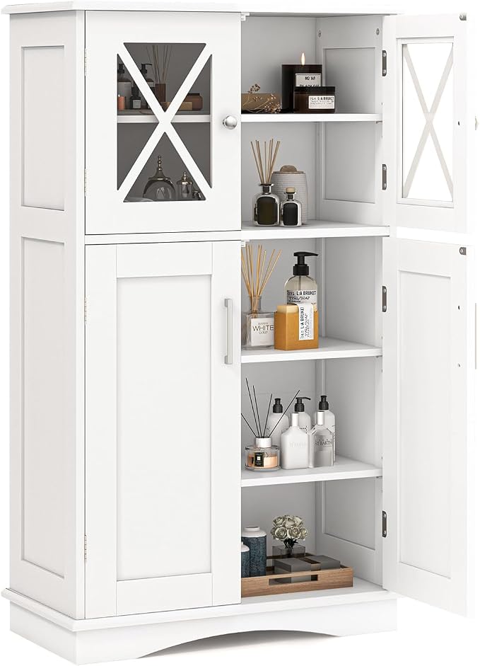 Tangkula Freestanding Floor Cabinet w/2 Glass Doors, 3-Level Adjustable Shelves by TANGKULA