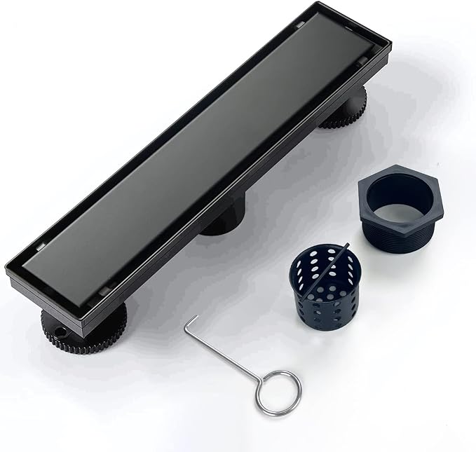 Linear Shower Drain, 12 inch Black Drain by Elefloom