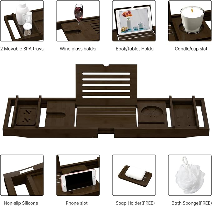 Bamboo Bathtub Tray for Luxury Bathroom, Expandable Premium Bath Tray w/Soap - Image 3