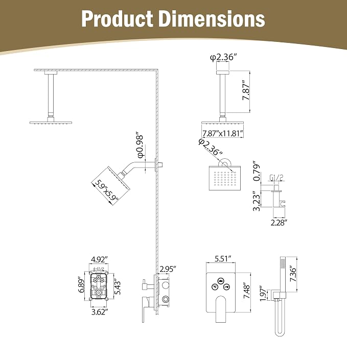 12 Inch Rain Shower System, Brushed Gold Shower Faucet Set - Image 7