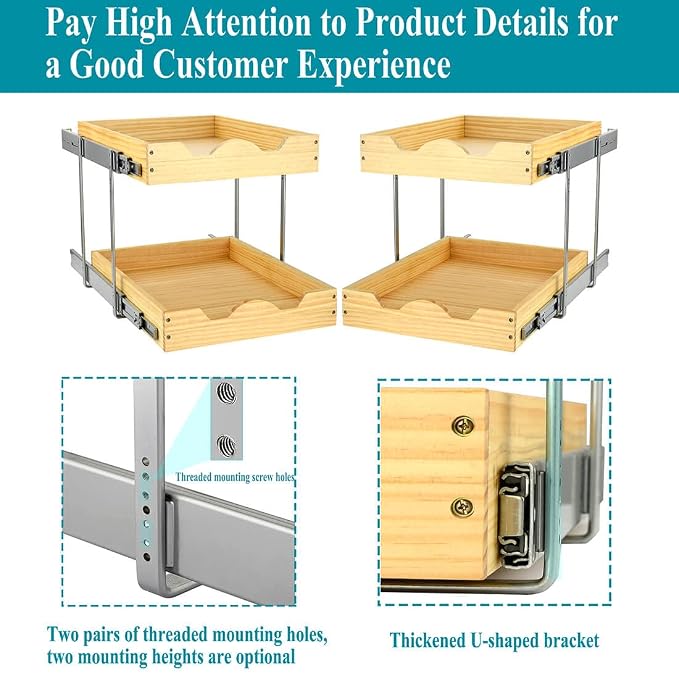 OCG 2 Tier Pull Out Drawers For Cabinets, Double Tier Slide out Wood Cabinet - Image 4