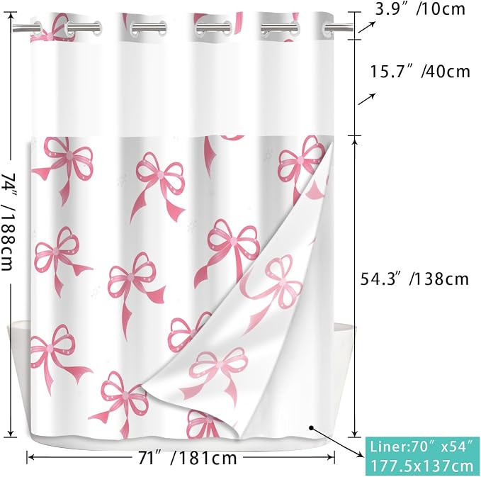 Cute Pink Bow No Hook Shower Curtain Set - Image 2