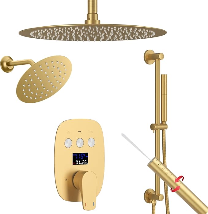 12Inch Brushed Gold Ceiling Shower System & 8Inch Wall-Mount Shower Faucet Set by HONGTONGSOWER