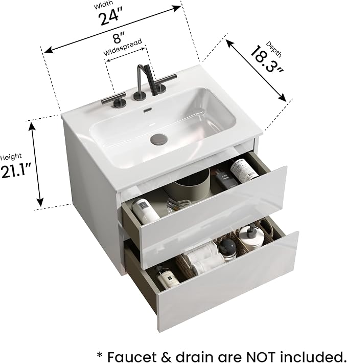 24" Bathroom Vanity with Sink, Modern Floating Vanity with Double Soft Closing - Image 2