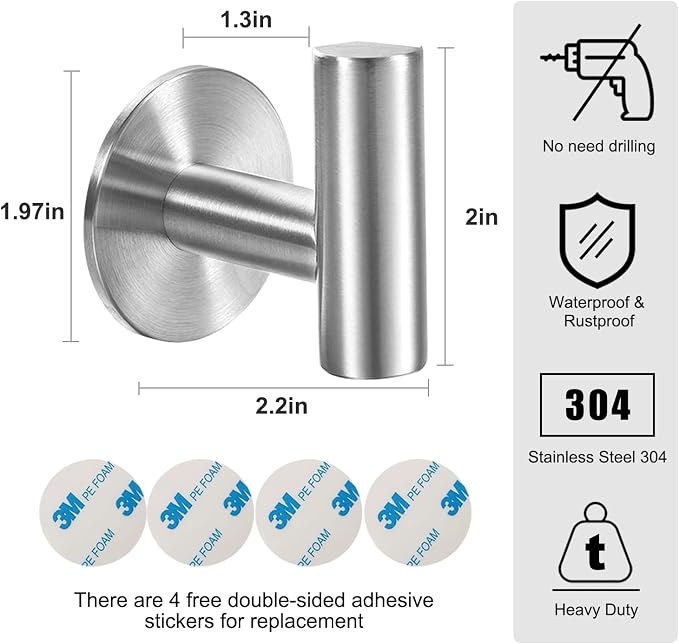 Vuzvuv Adhesive Brushed Nickel SUS304 Stainless Steel Towel Hooks – Heavy Duty - Image 2