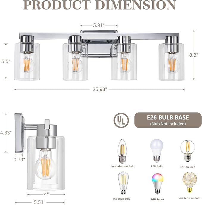 4-Light Bathroom Light Fixtures Modern Chrome Vanity Lights - Image 3