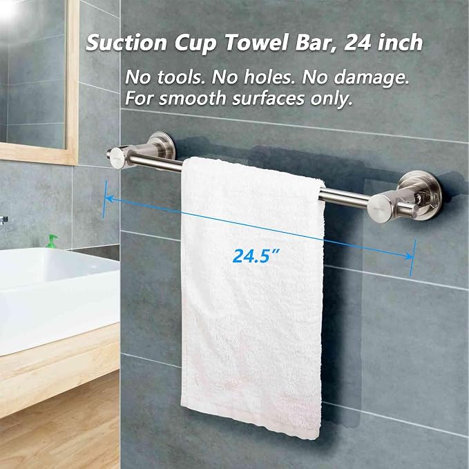 BOPai 24 inch Suction Cup Towel Bar – No Drill, - Image 2