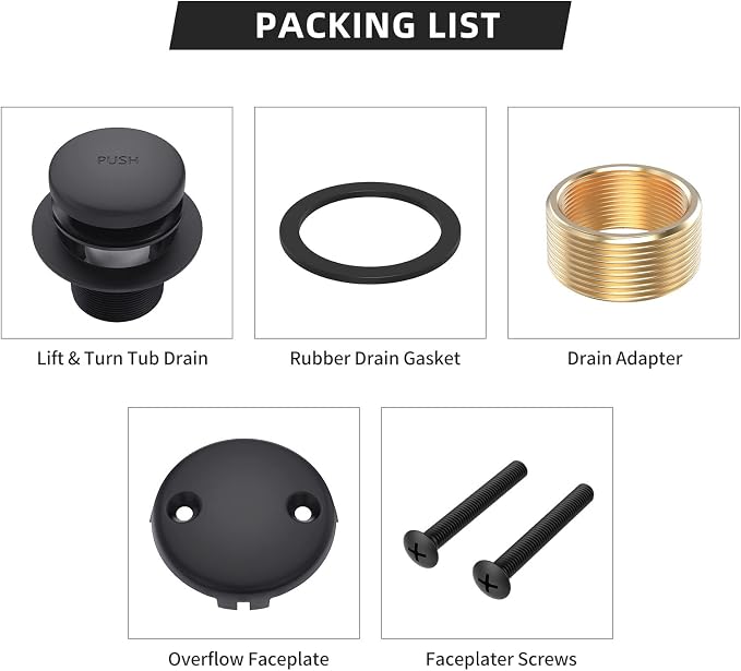 Matte Black Bath Tub Drain and Overflow Kit, Universal All Metal Tip-Toe - Image 5