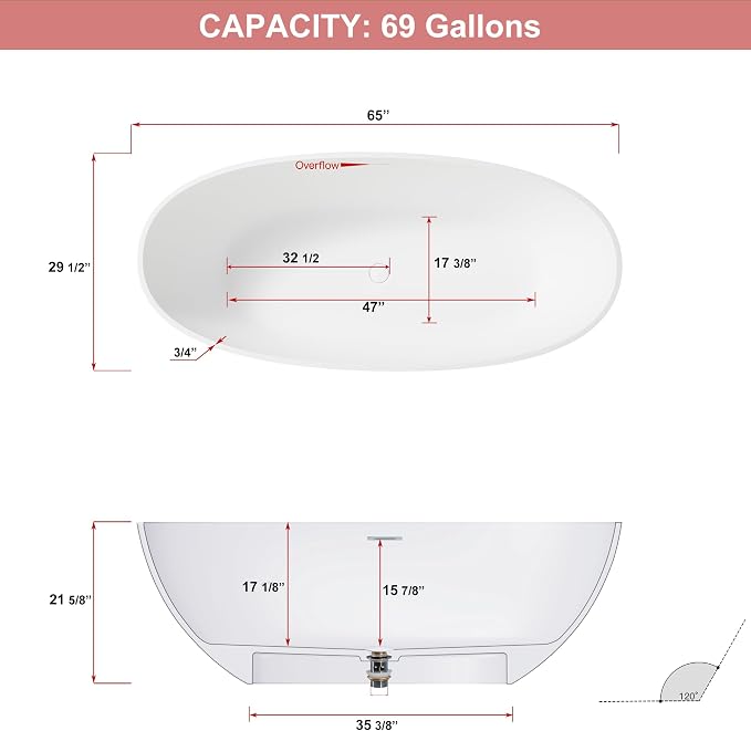 Abruzzo 65" Matte White Freestanding Solid Surface Bathtub, Luxury Handcrafted - Image 4