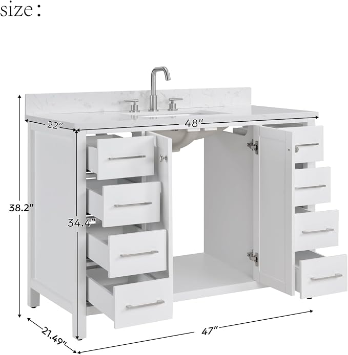 48’’White Bathroom Vanity with Sink, Solid Wood Bathroom Cabinet with Carrara - Image 2