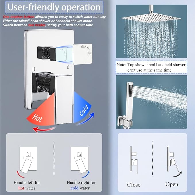 12 Inch Polish Chrome Ceiling Mount Shower System Bathroom Luxury Rain Mixer - Image 6