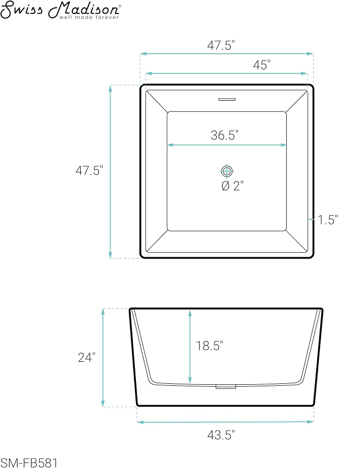 Voltaire 47" Square Freestanding Bathtub - Image 8