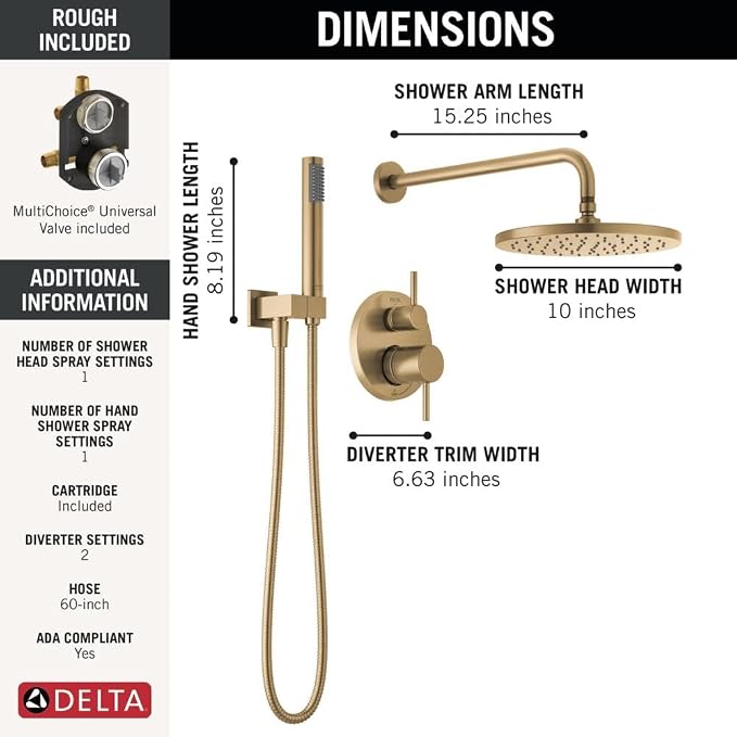 Delta Modern 14 Series Round Rain Shower System Faucet Set, Rainfall Brushed - Image 4