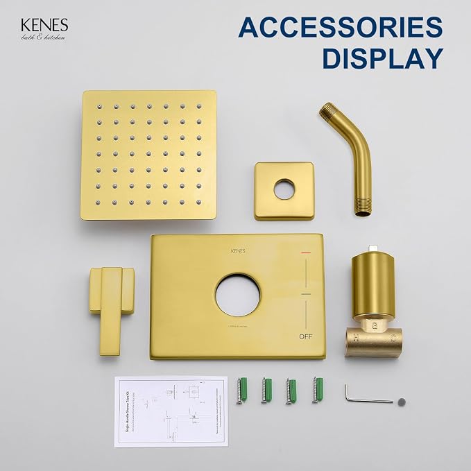 KENES Brushed Gold Shower Faucet, Modern Square 6-Inch Shower Head and Handle - Image 8