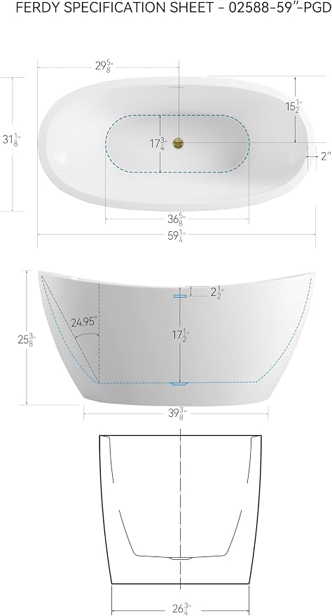 FerdY Naha 59" Acrylic Freestanding Bathtub, Curve Edge Freestanding Soaking - Image 7