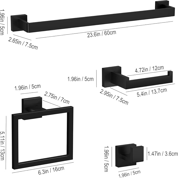 20-Piece Matte Black Bathroom Accessories Set – 23.6" Towel Bar, Towel Ring - Image 2