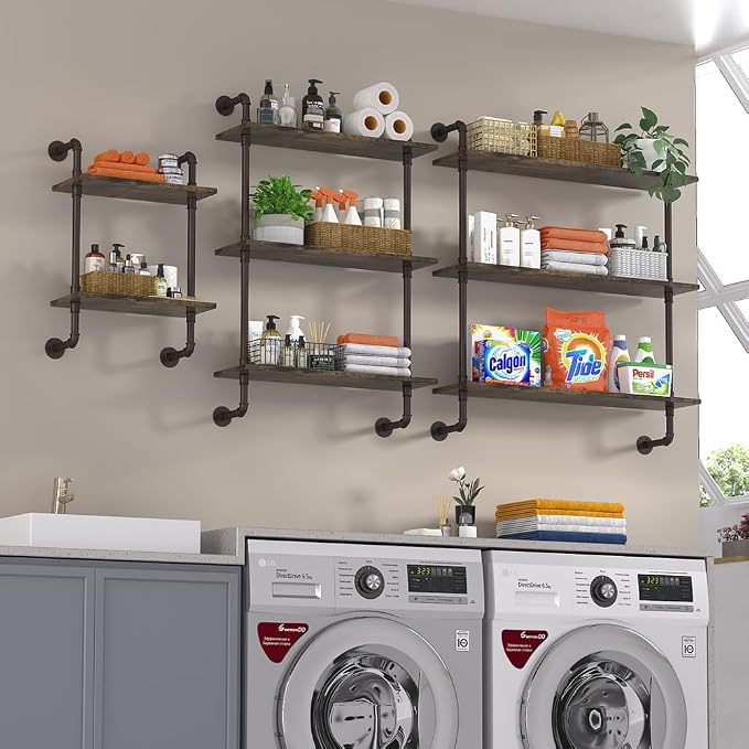 Helsin 3 Tier Industrial Pipe Shelf Rustic Wood Floating Shelves, Wall Display - Image 6