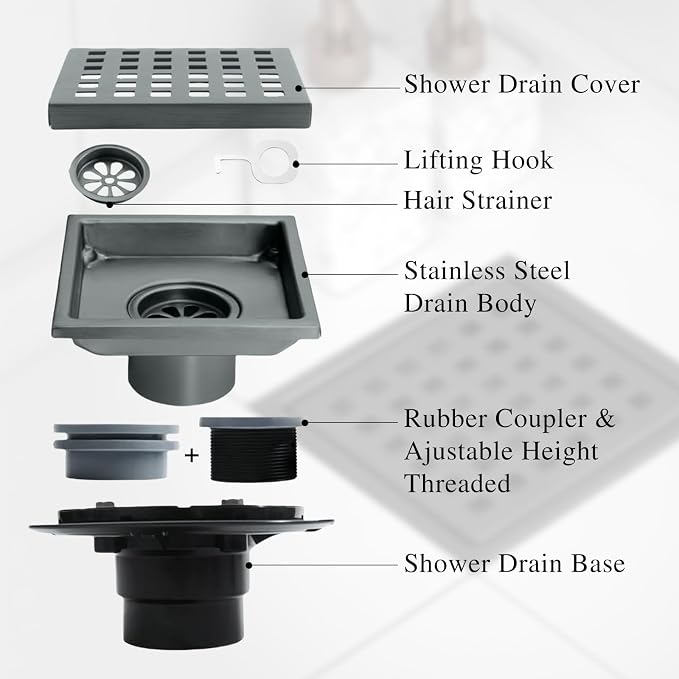 4 Inch Square Shower Drain, SUS 304 Stainless Steel Shower Drain - Image 5