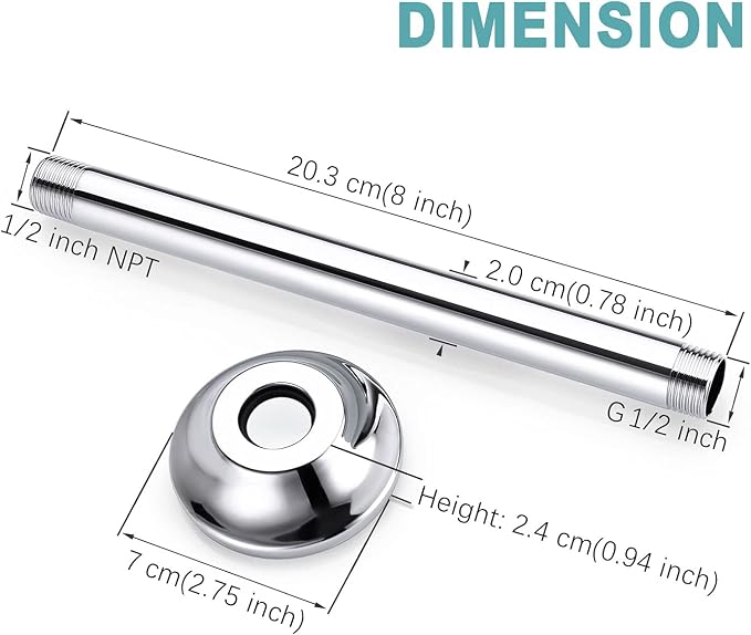 BESTILL 8 Inch Ceiling Mount Rain Shower Head Arm and Flange - Image 5