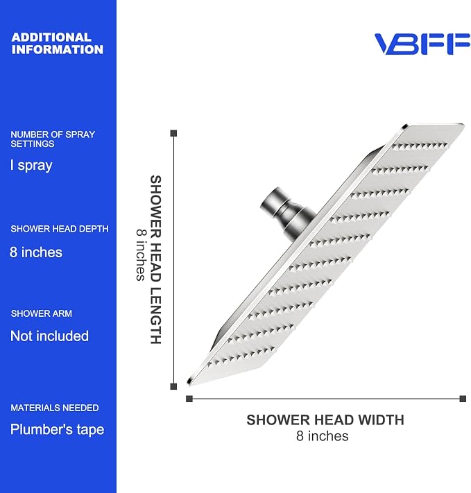 VBFF-Shower Head, rain shower head, 8 inch- Square Shower Head, 1.8 GPM Flow - Image 6