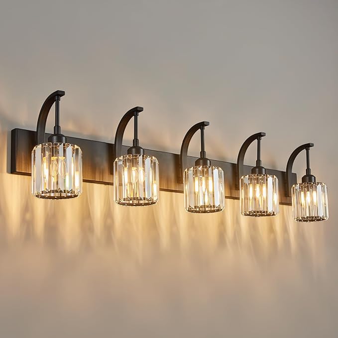 5-Light Crystal Vanity Light, Modern Black Bathroom Wall Sconce by FDPBY