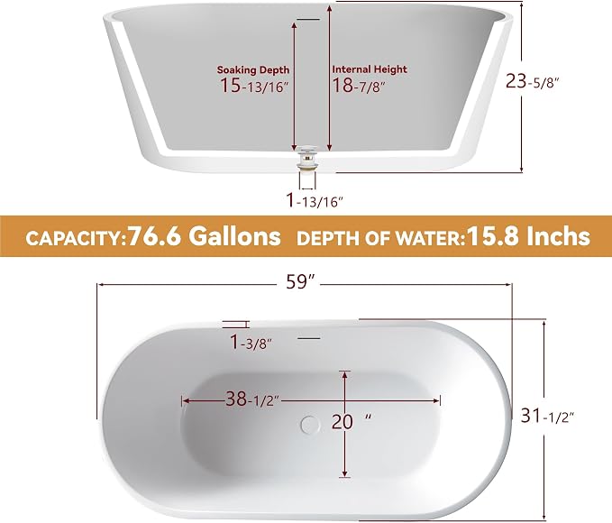59" Free Standing Tub, Pure Acrylic Freestanding Bathtub, Stylish Stand Alone - Image 7