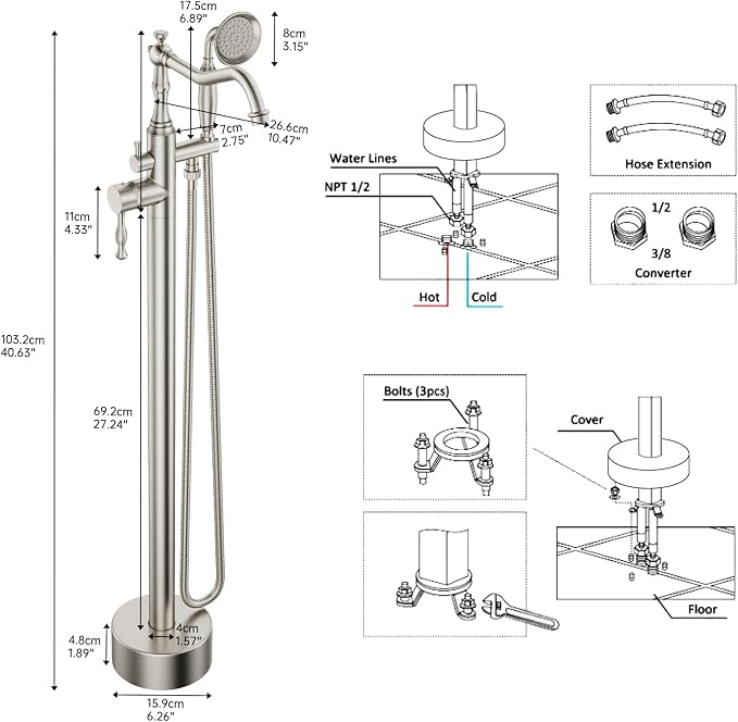 Brushed Nickel Bathtub Faucet Freestanding Tub Filler High Pressure Single - Image 9