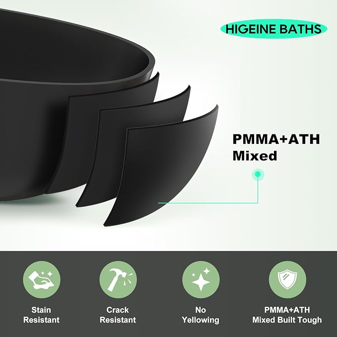 65" Premium Matte Black Solid Surface Freestanding Bath Tub, Oval Stone Resin - Image 7