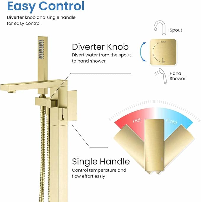 KIBI Cube Brushed Gold Freestanding Bathtub Faucet ‑ Floor‑Mounted Brass Tub - Image 4