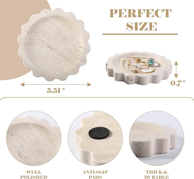 Koville Travertine Jewelry Tray, 5.51" Round Trinket Dish - Image 2