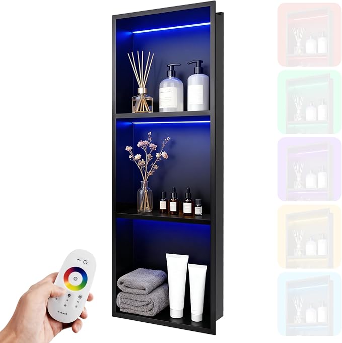 12" X 36" RGB LED Shower Niche No Tile Needed, 304 Stainless Steel Shower Niche by HOFULIVING