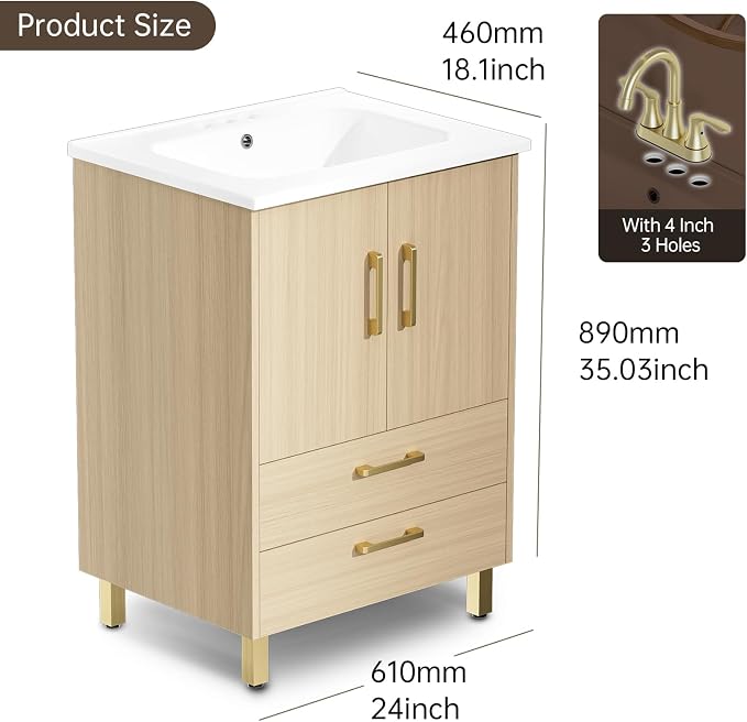 phiestina Fully Pre-Assembled 24 Inch Bathroom Vanity, Oak Small Bathroom Sink - Image 3