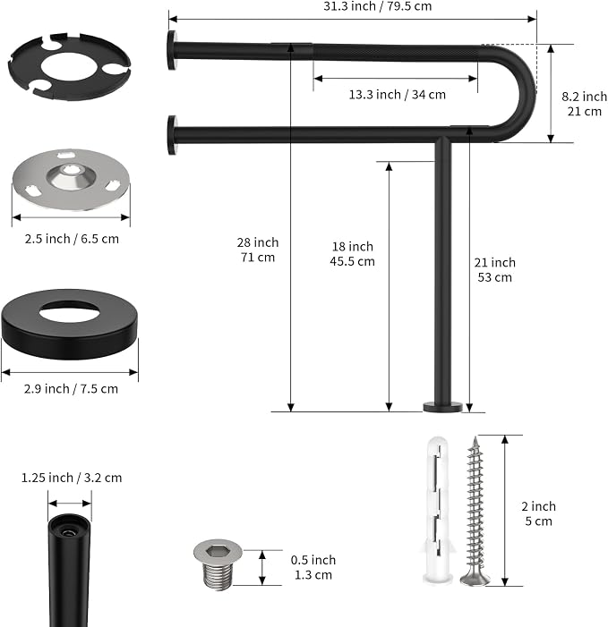 Toilet Support Rail 31.3X 31.5 Inch, Munzong Anti-Slip Black Handicap Grab Bar - Image 2