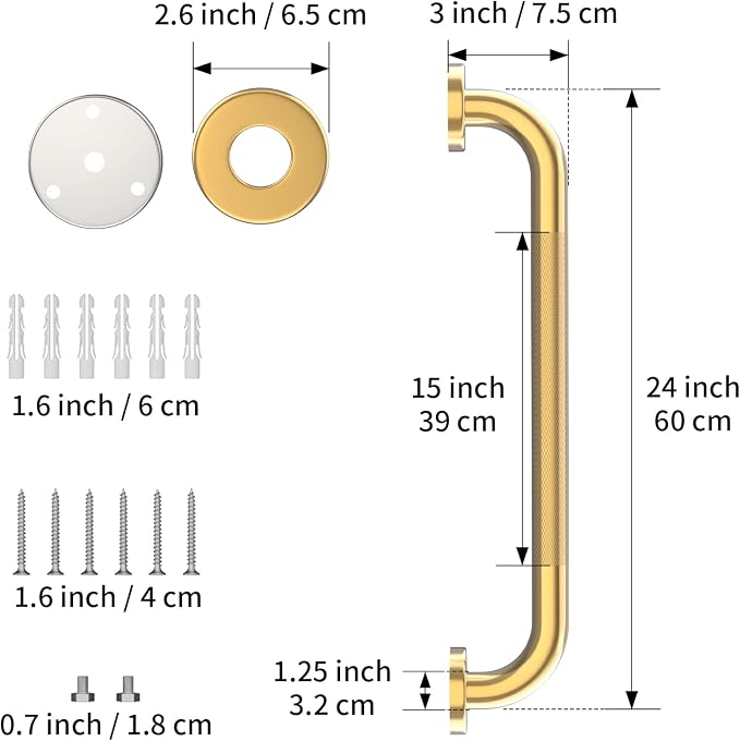 24 Inch Anti Slip Shower Grab Gold, Munzong Bathroom Grab Bar, Knurled Bathroom - Image 2
