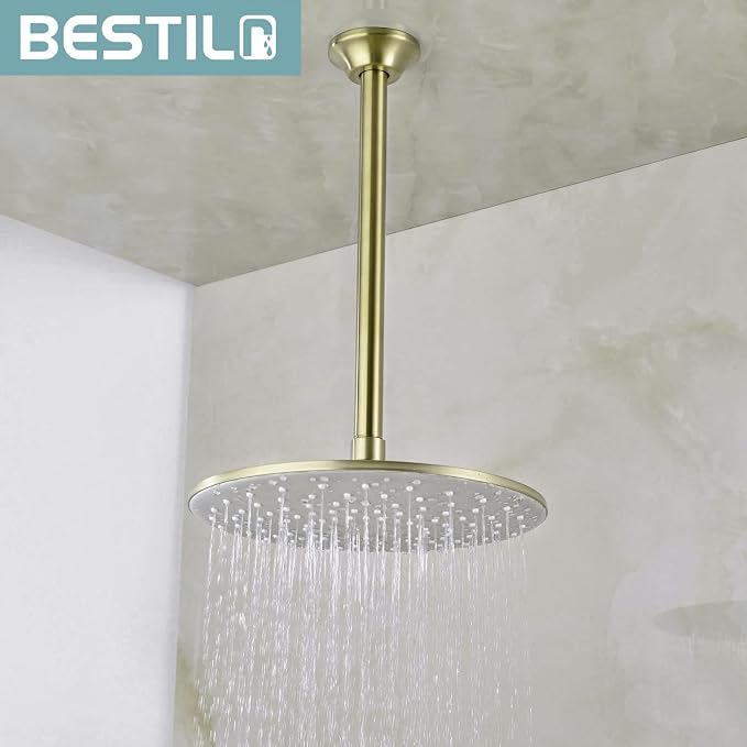 BESTILL 12 Inch Ceiling Mount Rain Shower Head Arm and Flange, Brushed Gold - Image 3