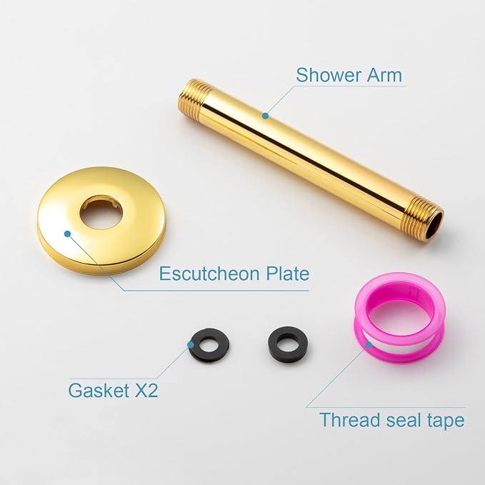 OFFO Shower Arm with Flange, Bright Gold 6 in Ceiling Mount Replacement Rain - Image 6