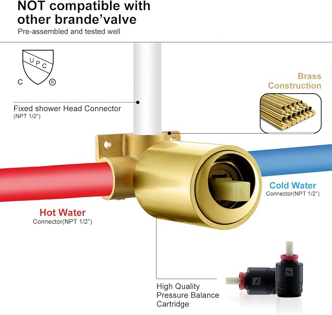 KENES Brushed Gold Shower Faucet, Modern Square 6-Inch Shower Head and Handle - Image 7