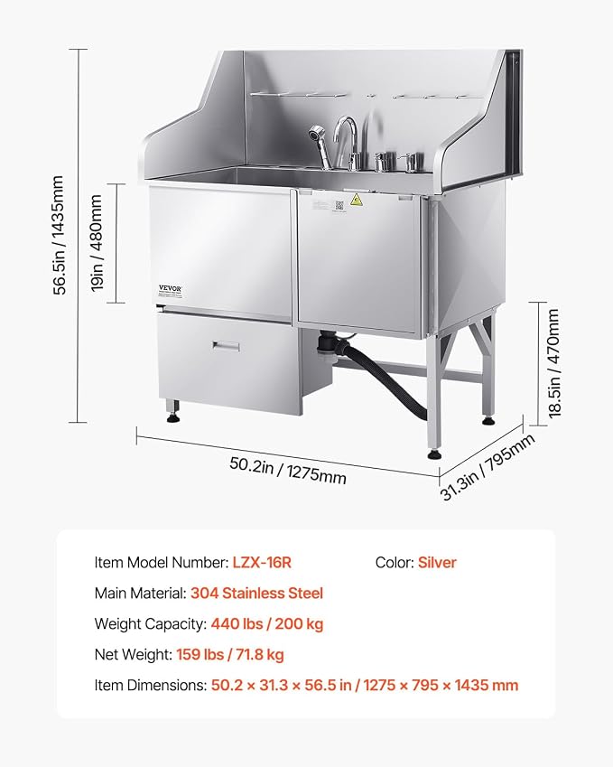 VEVOR Professional 304 Stainless Steel Dog Bathing Station, 50 inch Pet - Image 7
