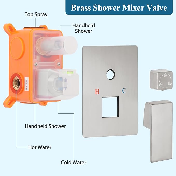 12 inch Square Shower Head and Handheld Set, Gasecoet Shower System - Image 8