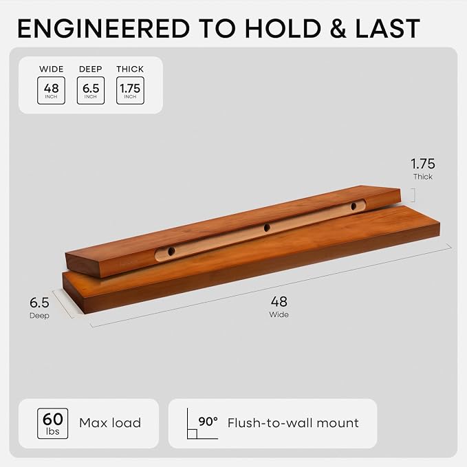 Homeforia Floating 60 inch Oak Shelves, High End Solid Real Wood 60inch - Image 2