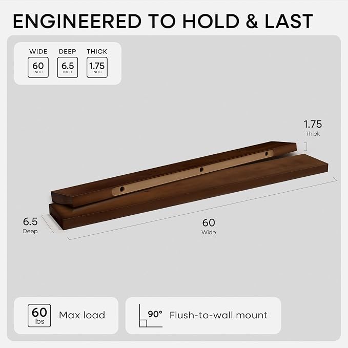 Homeforia Walnut 60 inch Floating Shelf, High End Solid Real Wood 60inch Long - Image 2