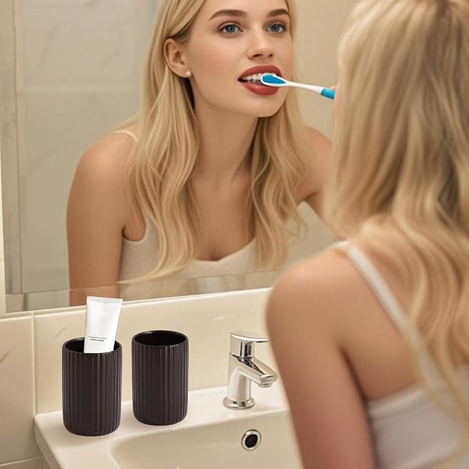 Black Toothbrush Holder, Ceramic Tooth Brush Holder Set, Ribbed Bathroom Cups - Image 4