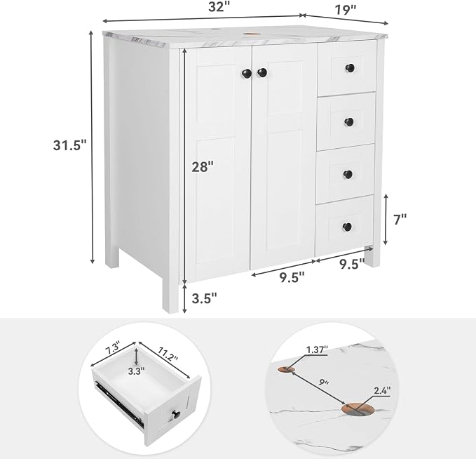 32" White Bathroom Vanity with Marble Texture Top and 4 Drawers, Modern - Image 2