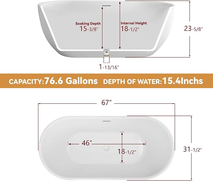 67" Free Standing Tub, Pure Acrylic Freestanding Bathtub, Stylish Stand Alone - Image 7