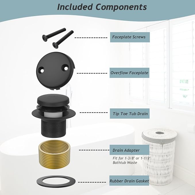 Tip-Toe Bathtub Drain Kit with Two-Hole Overflow Plate, Universal Fine/Coarse - Image 6
