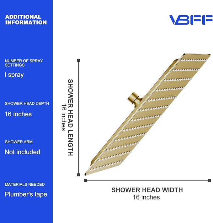 VBFF-Shower Head, rain shower head, 16 inch- Square Shower Head, 1.8 GPM Flow - Image 6