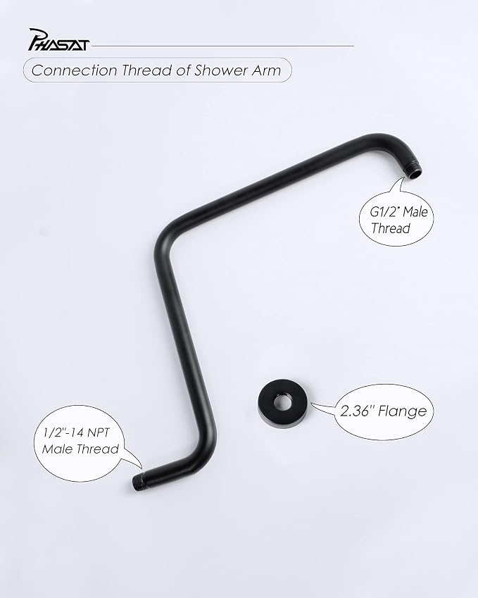 PHASAT 16 Inches Black Shower Head Arm, S Shaped Shower Arm - Image 4