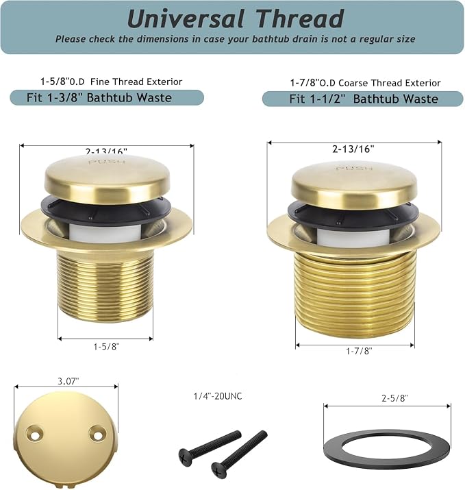 Tip-Toe Bathtub Drain Kit with Two-Hole Overflow Plate, Universal Fine/Coarse - Image 5